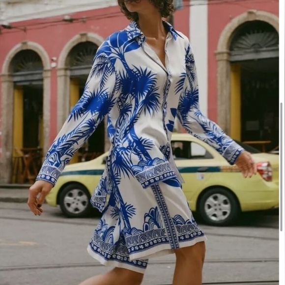 ZARA SET Blue White Tropical Palm Print Satin Button Down Shirt & Bermuda Shorts - Picture 1 of 15